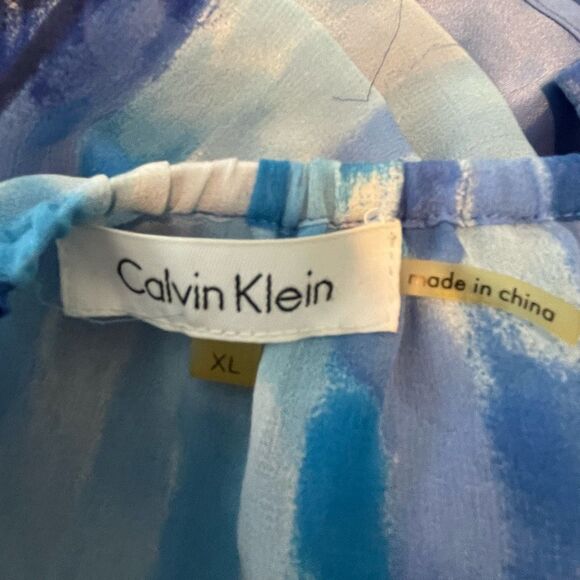 Calvin Klein Watercolor Peplum Blouse Blue White Chiffon Short Sleeve Lined XL - Picture 5 of 6